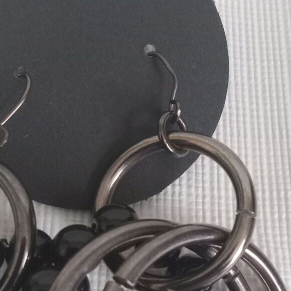 Black & Gunmetal Gray Metal Beaded Interlocked Multiple Hoops Dangle Earrings - Picture 3 of 8